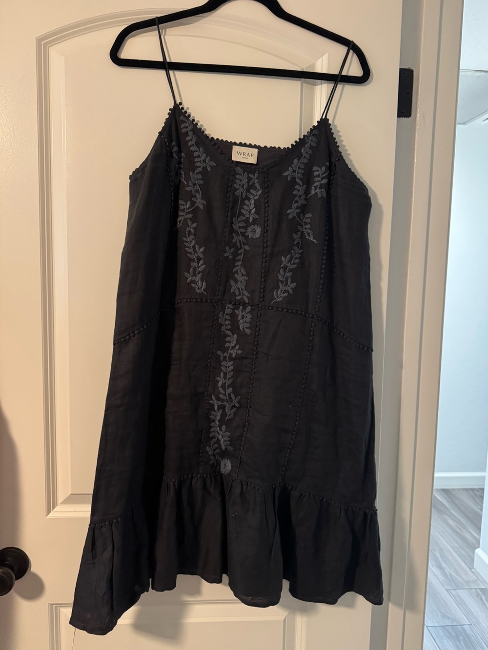 London WRAP Black Embroidered Linen Spaghetti Strap Dress
